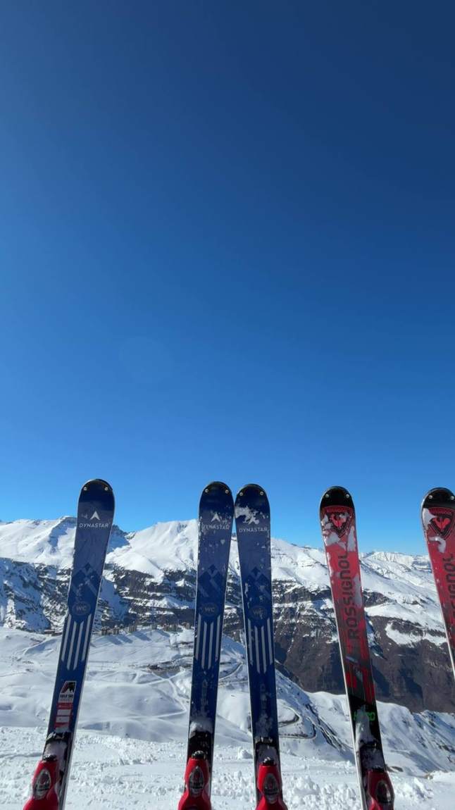 Skis plantés dans la neige devant les Andes
